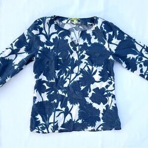 Sigrid Olsen Navy and White Floral Long Sleeve 100% Linen Women’s Medium Top